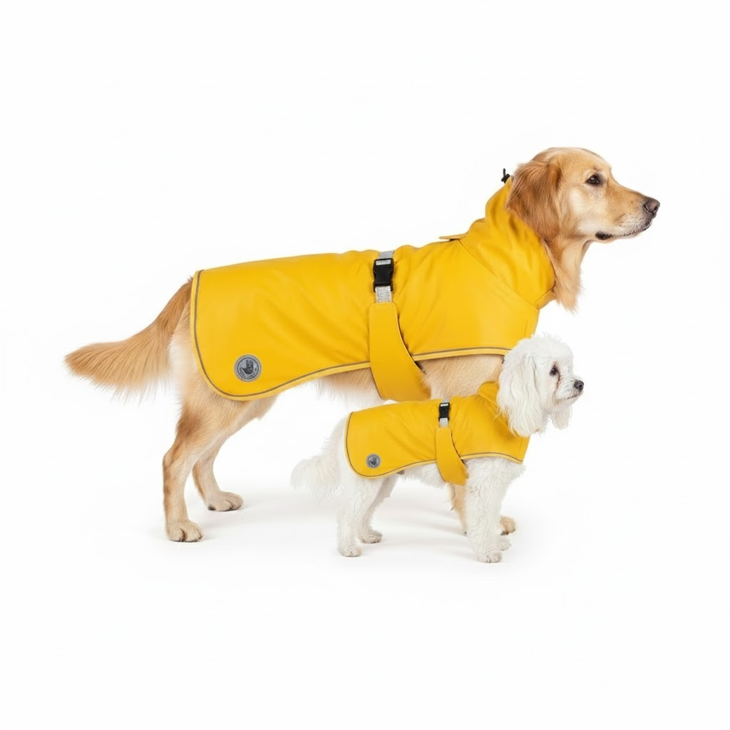 Two dogs wearing yellow raincoats on a white background