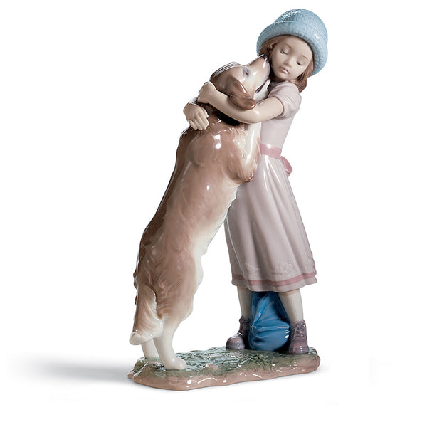 Dog hugging little girl to welcome porcelain figurine.