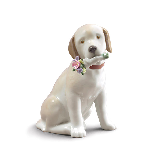 A yellow labrador Lladro porcelain figurine holding a bouquet of flowers