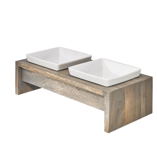 Artisan double bowl dog feeder with wood stand Bowsers