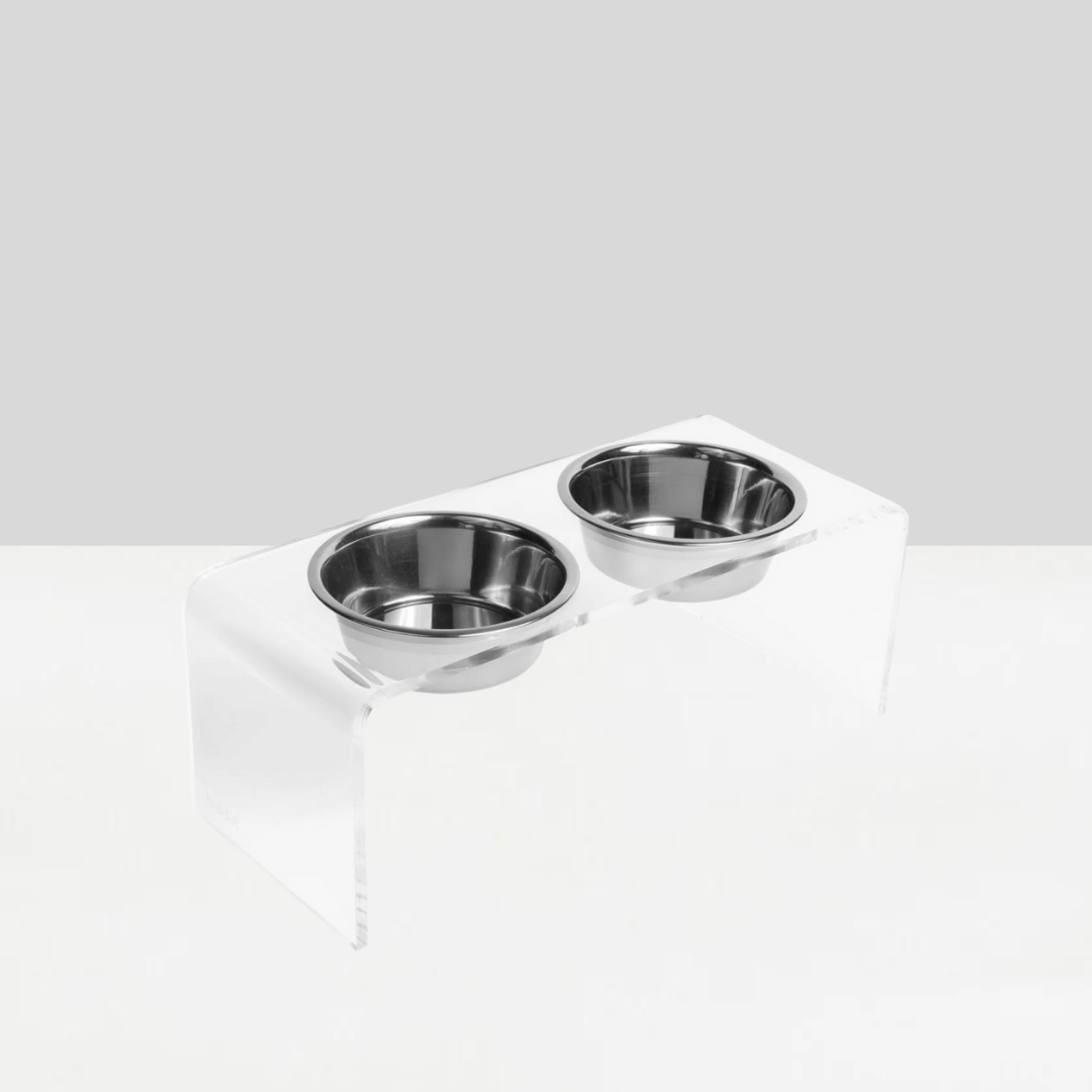 Medium Height Double Dog Bowl Feeder with Stainless Steel Bowls & Acrylic Stand