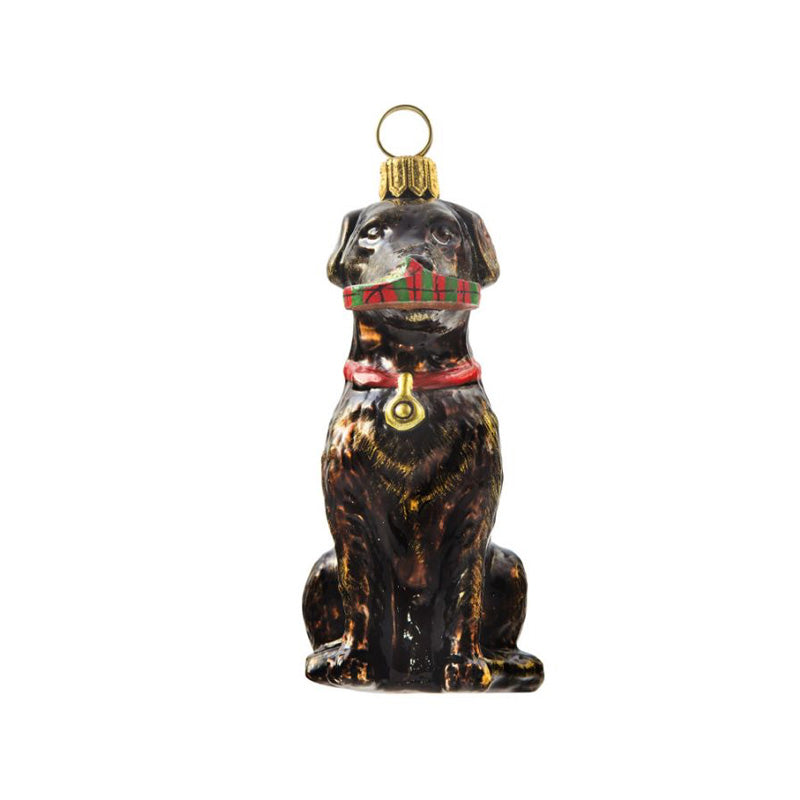 Chocolate Labrador dog christmas ornament with tartan slipper from Joy To The World.