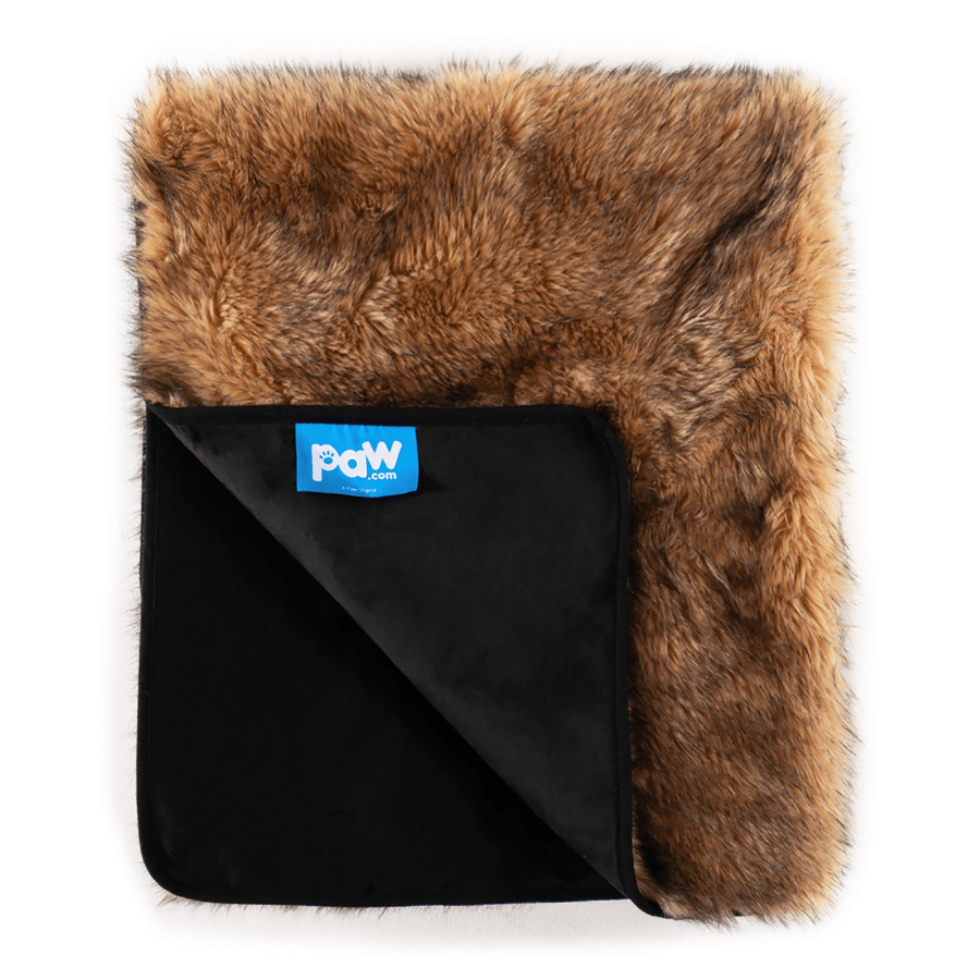 Brown fur dog blanket with a black interior and a blue Paw.com print logo on a white background