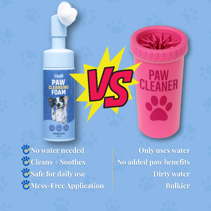 Comparison between paw cleansing foam and a paw cleaner on a blue background