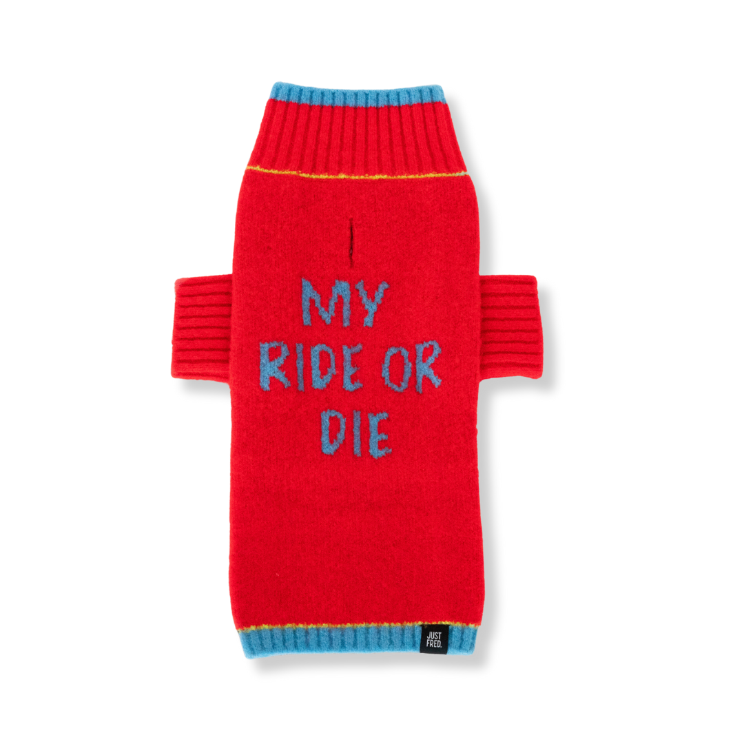 JUST FRED Ride or Die dog sweater in Red Blue with My Ride or Die message