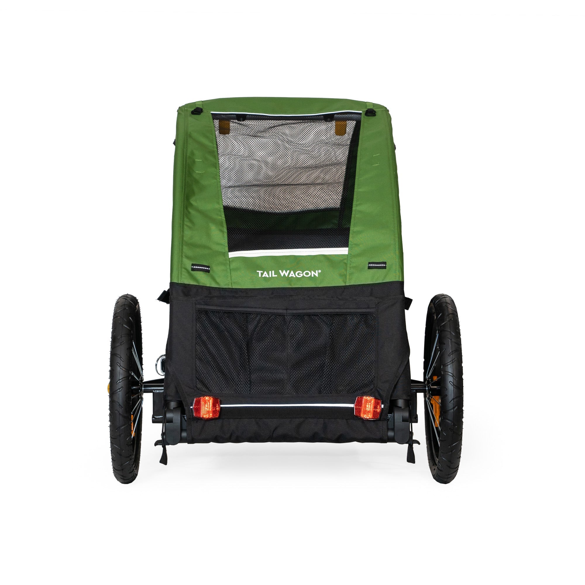 Green and black pet stroller with 'Tail Wagon' branding on a white background