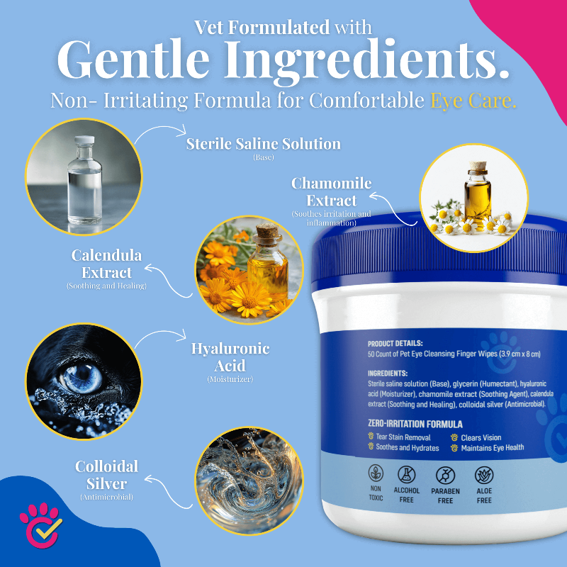 Eye care product with ingredients and benefits on a blue background