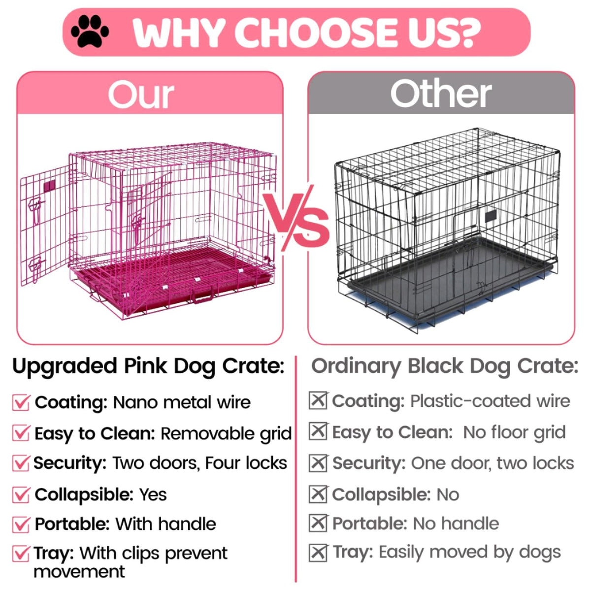 Collapsible Pink Dog Crate Small to XL Size Up to 42"