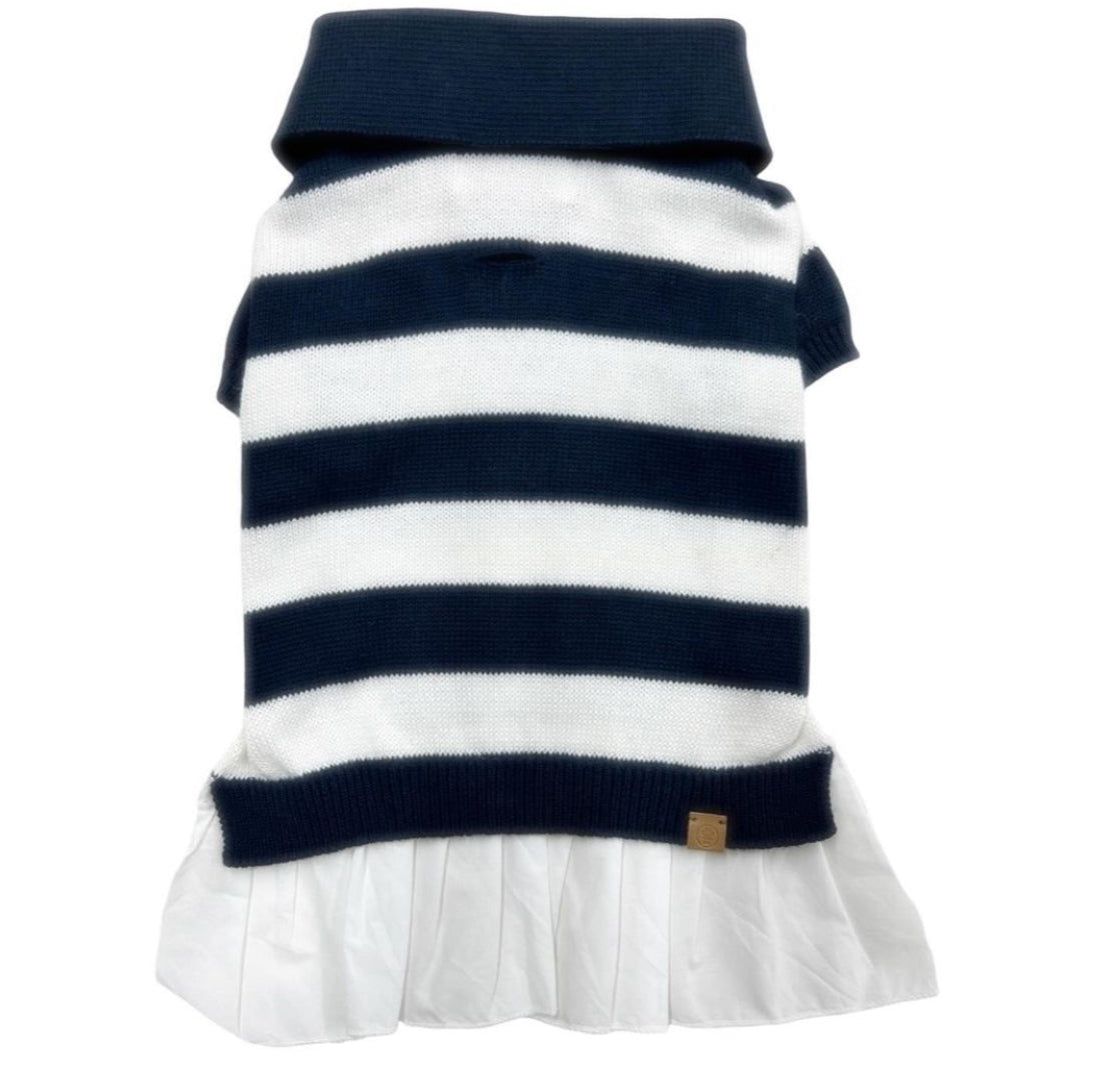 Gladys navy and white striped cashmere blend polo dress for dogs with ruffle skirt, back view