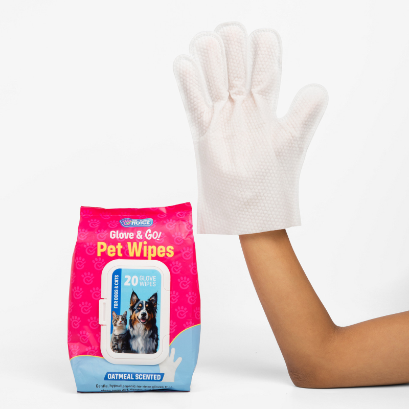 Bag of Glove & Go Pet Wipes with a white glove on a white background