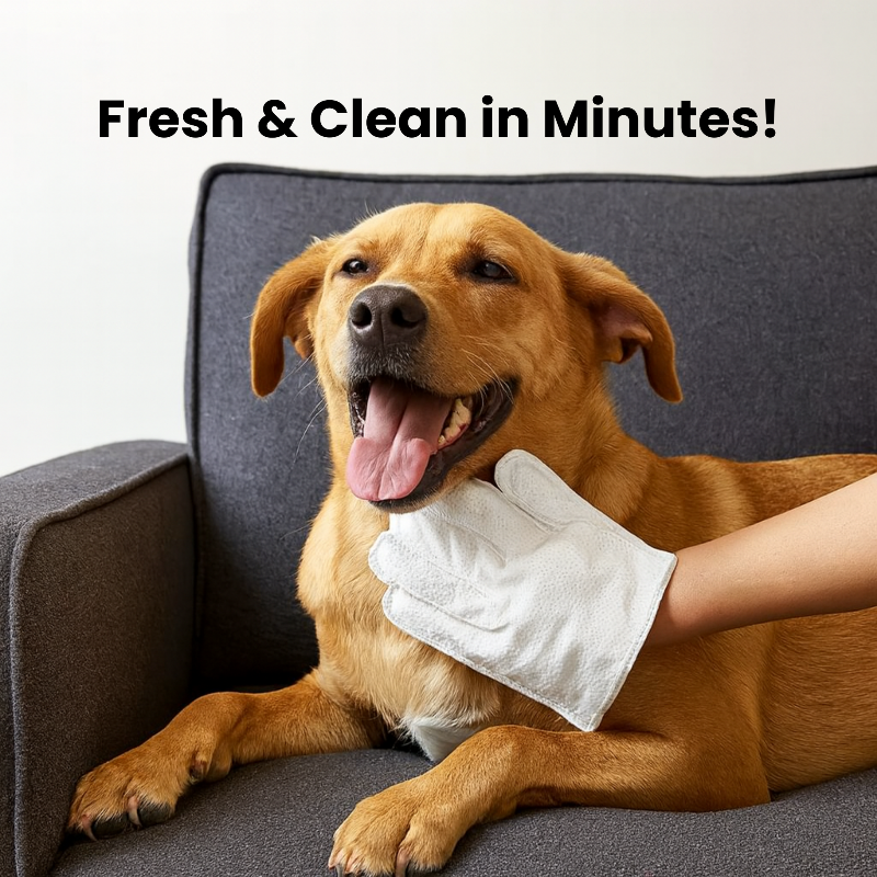Dog with a white glove on a gray couch, text 'Fresh & Clean in Minutes!'