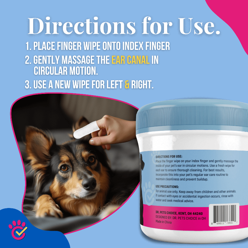 Pet ear cleaning product with directions for use and a dog being groomed.