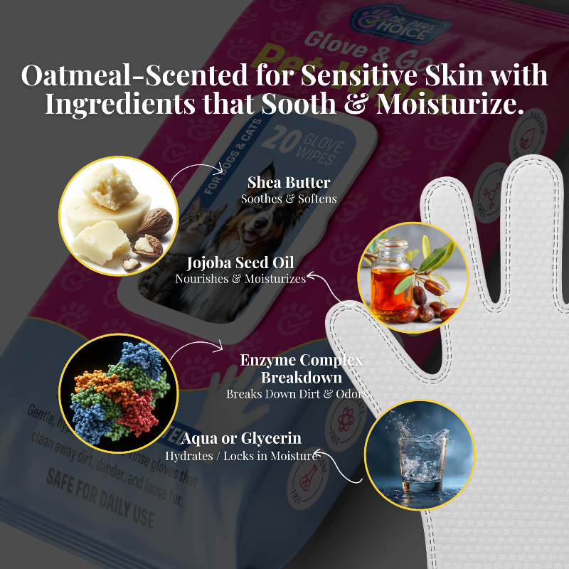 Glove & Go glove with oatmeal-scented properties and ingredients listed on a dark background