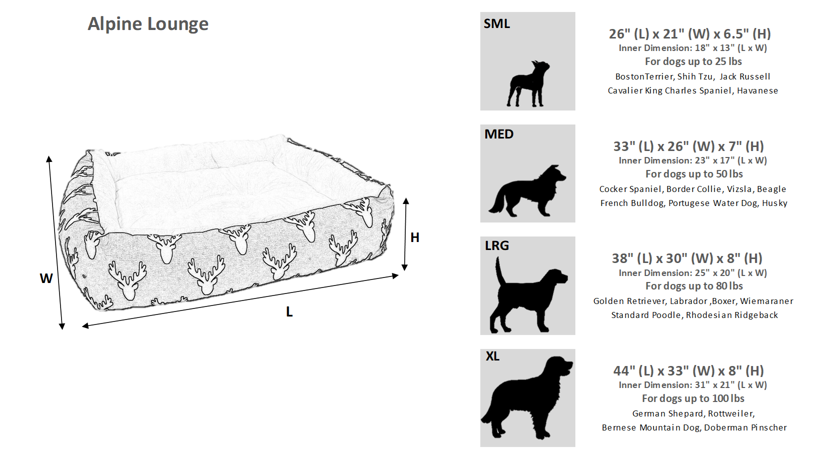 Bowsers alpine dog bed sizing chart