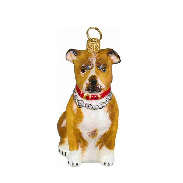 American Staffordshire dog shaped glass ornament with a red collar on a white background