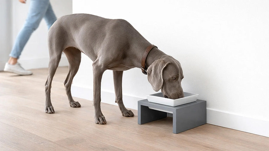 large weimaraner dog drinking from an elevated ceramic bowl with modern design and stand.