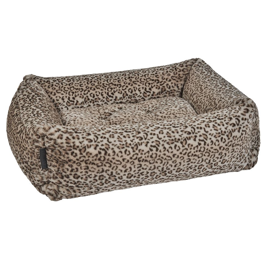 Leopard print pet bed on a white background