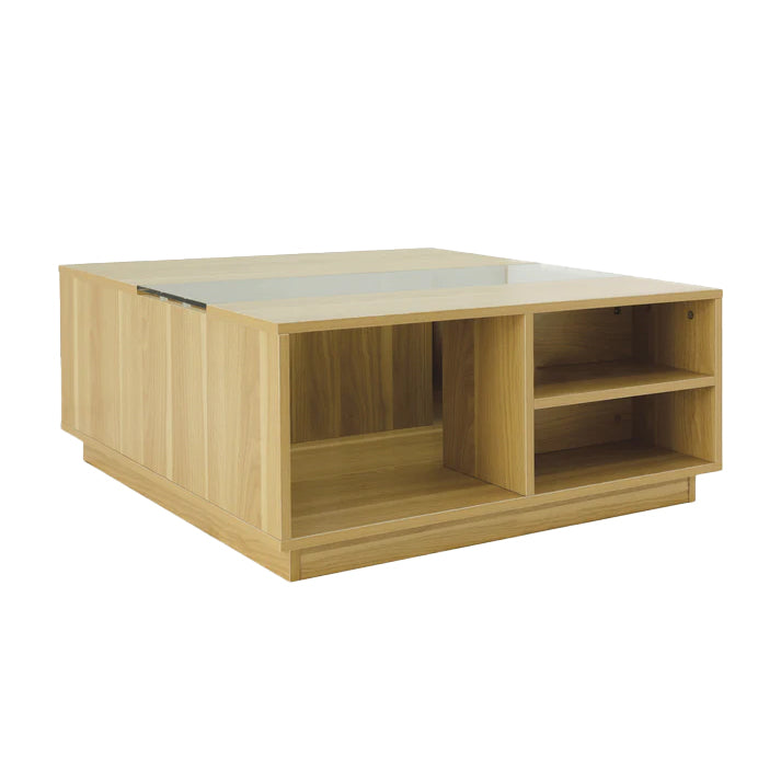 oak color coffee table with cat playing area