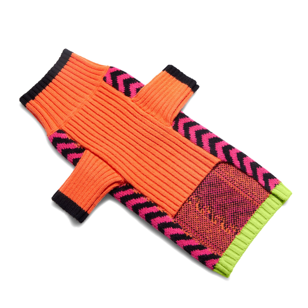 Underside of the Lil Baddie dog sweater in Orange Crush showing the high-cut belly