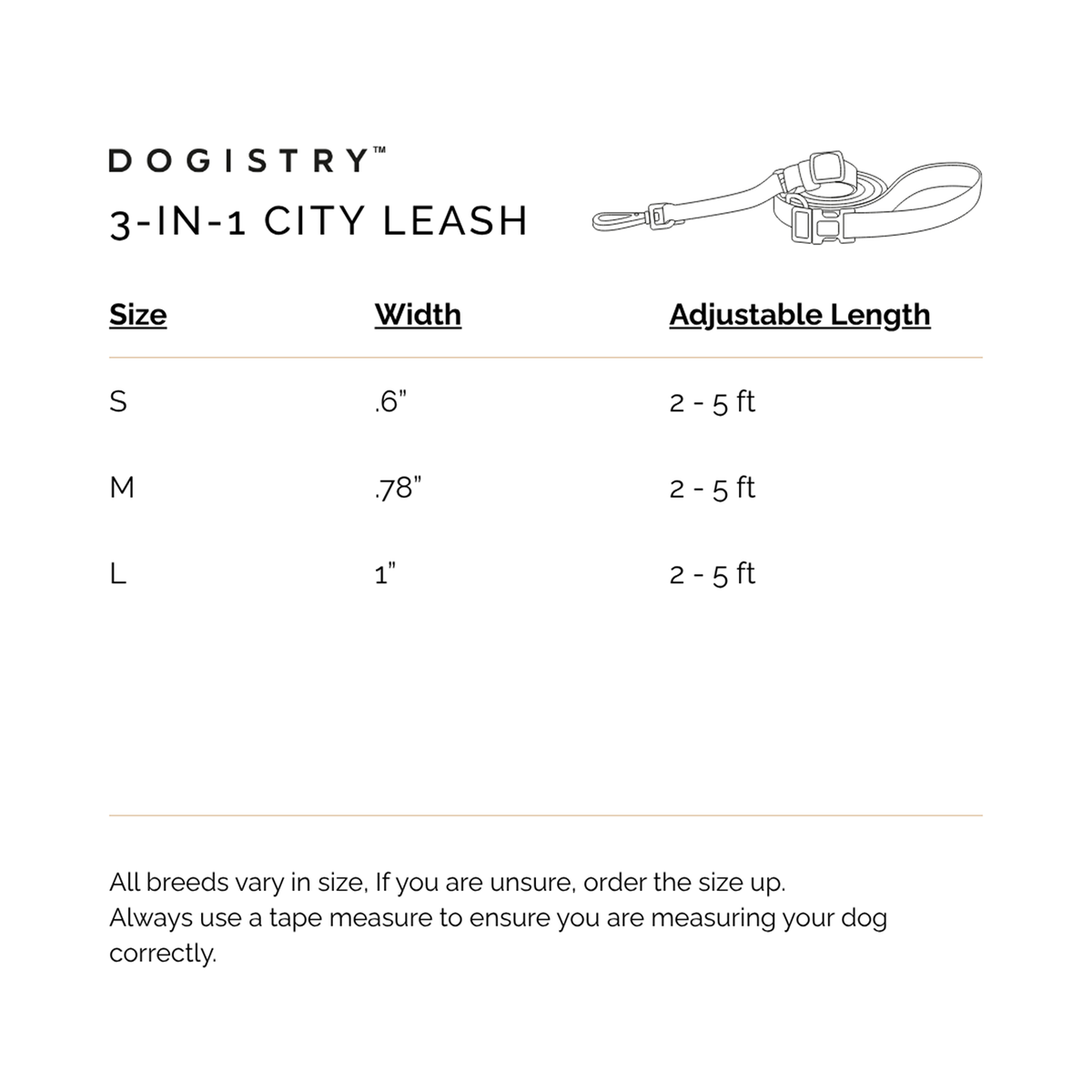 Dogistry 3-in-1 City leash size chart