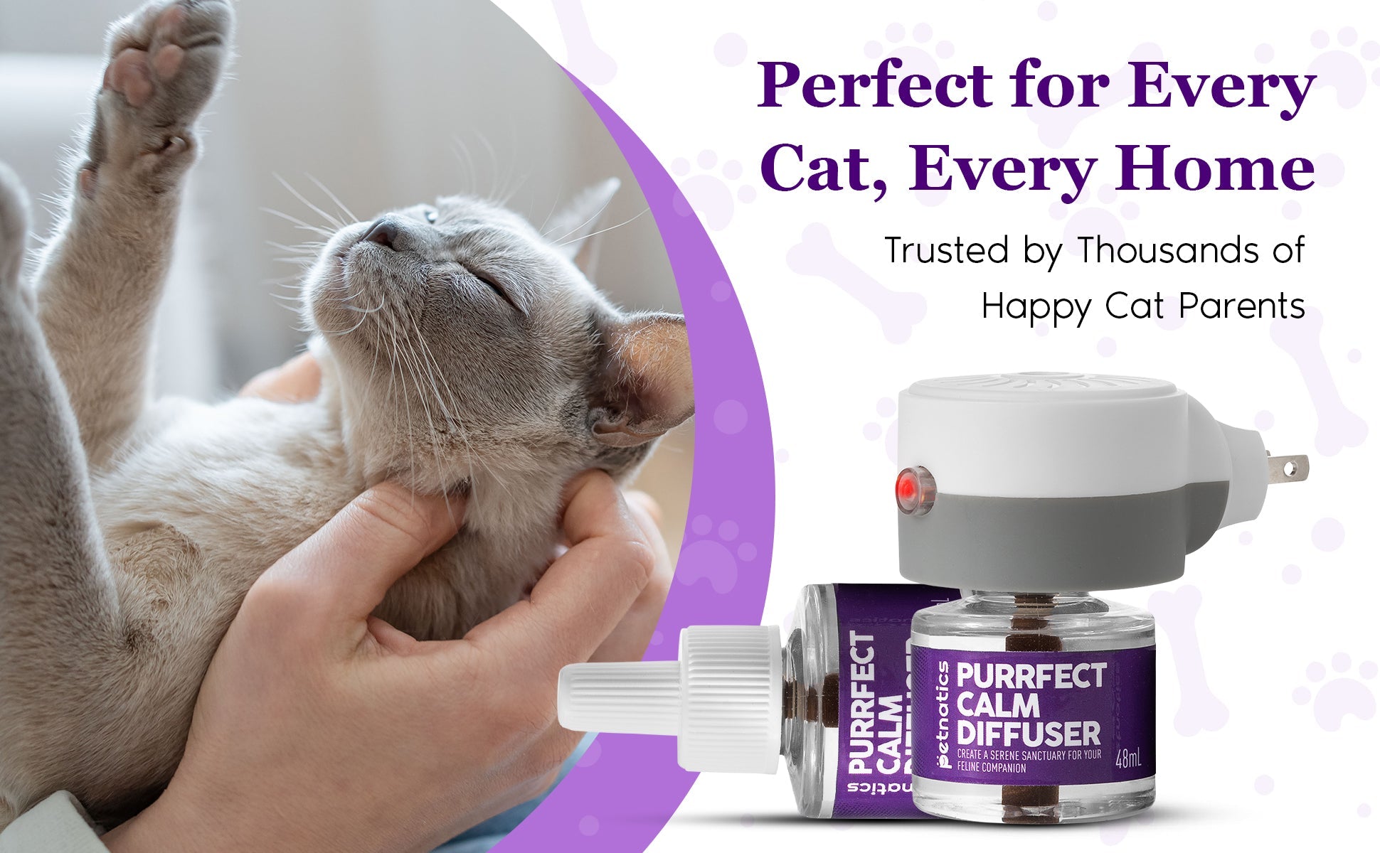 Cat being petted with a 'Purrfect Calm Diffuser' in the foreground, surrounded by promotional text.