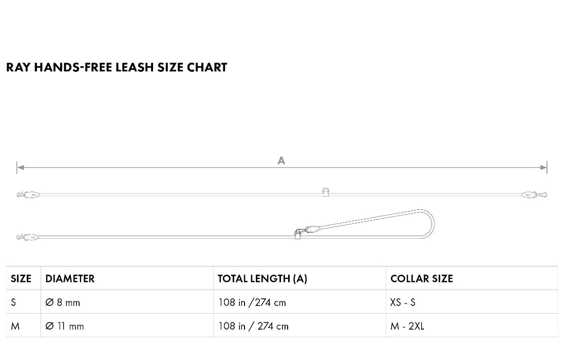 Ray Hands-Free Leash size chart with measurements and 'booh' branding.