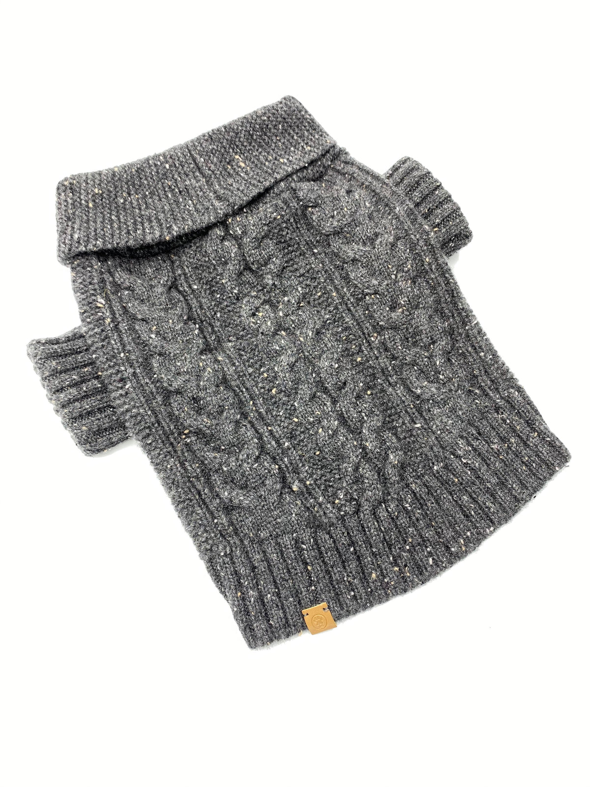 Charcoal cable-knit cashmere dog cardigan, back view
