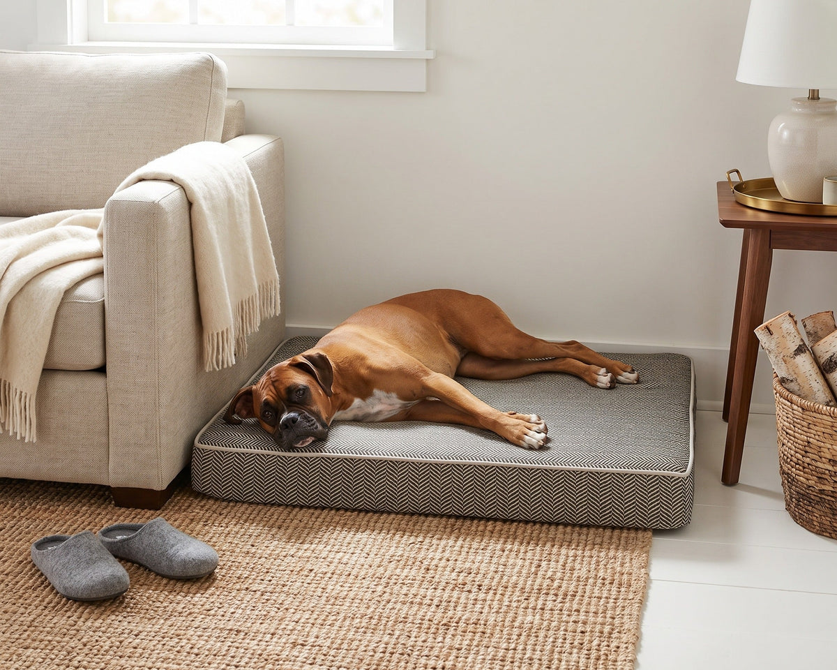 Boxer stretched out on the Bowsers Isotonic Memory Foam Dog Mattress in Herringbone beside a sofa