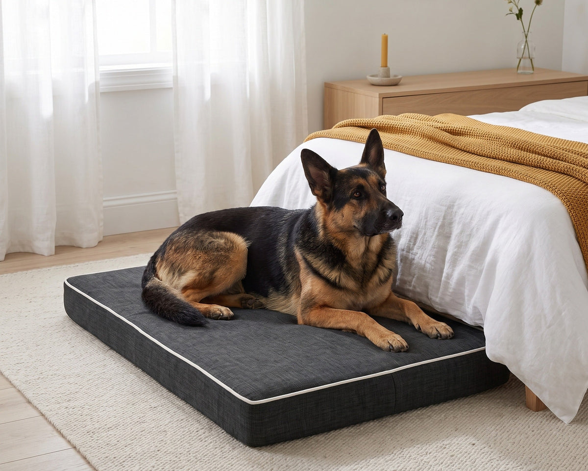 German Shepherd lying on the Bowsers orthopedic memory foam dog bed in Storm beside a bed