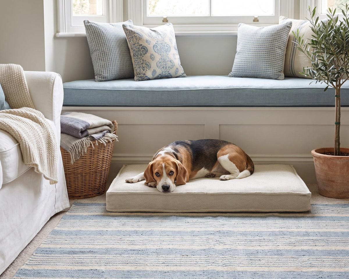 Beagle resting on the Bowsers Isotonic memory foam dog mattress in Aspen by a window seat