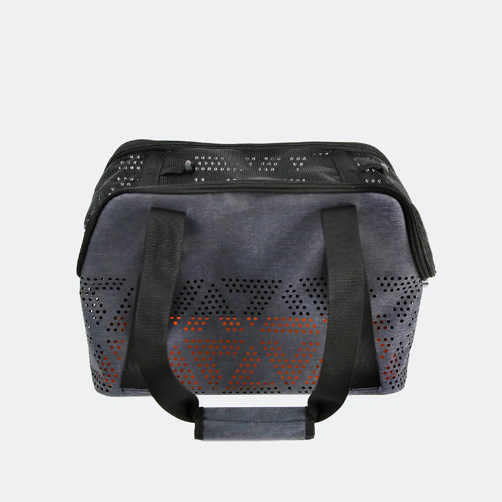 Gray pet carrier with black handles on a light gray background