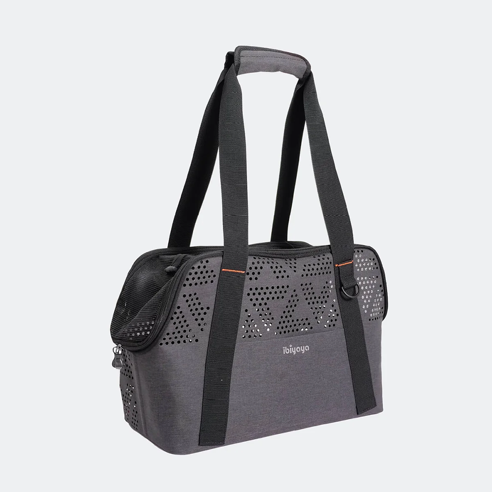 Gray pet carrier with black straps on a light gray background with Ibiyaya logo