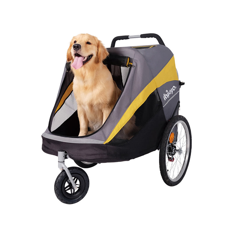 Labrador retriever inside a large size dog stroller by Ibiyaya