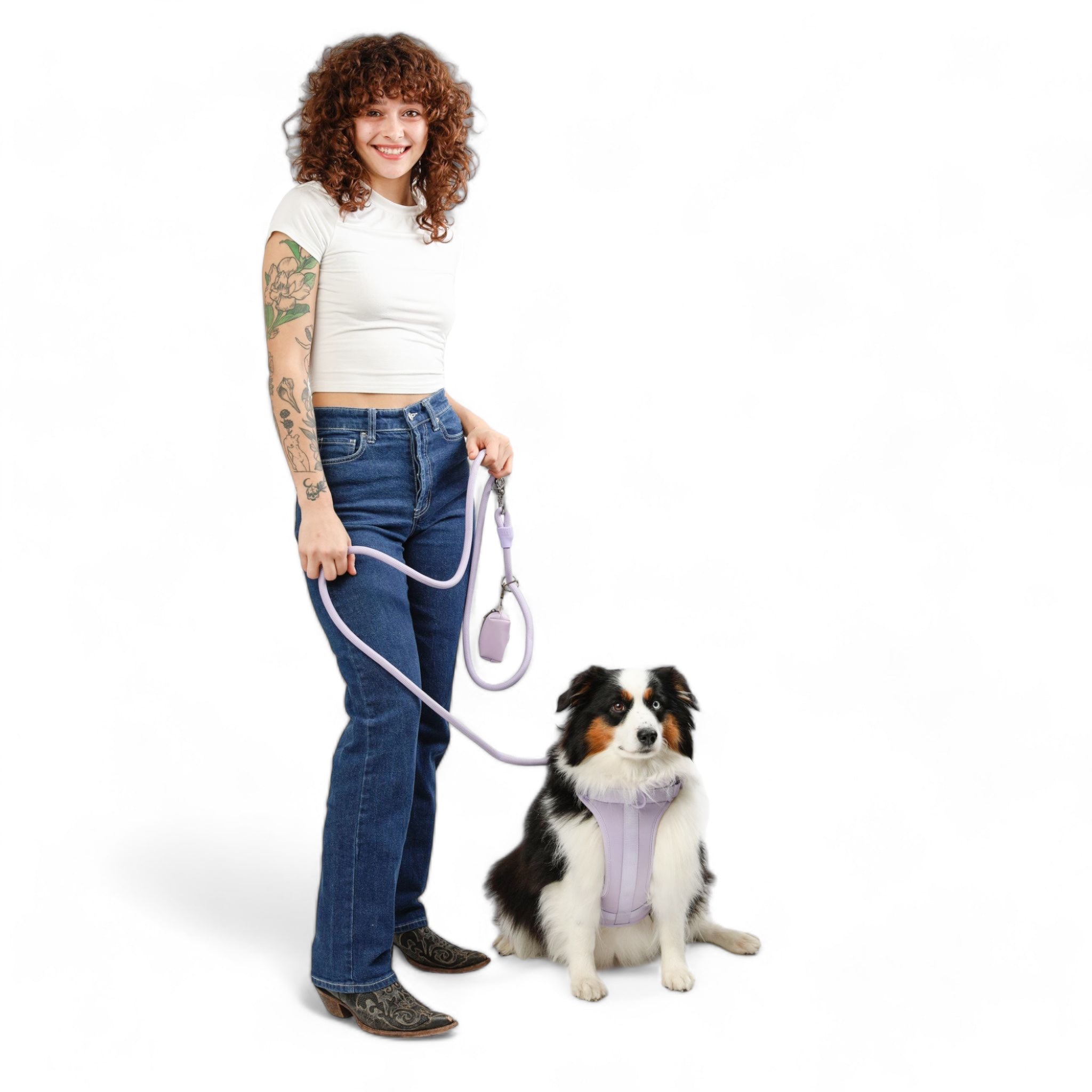 dog owner with beautiful adjustable dog leash named kismet