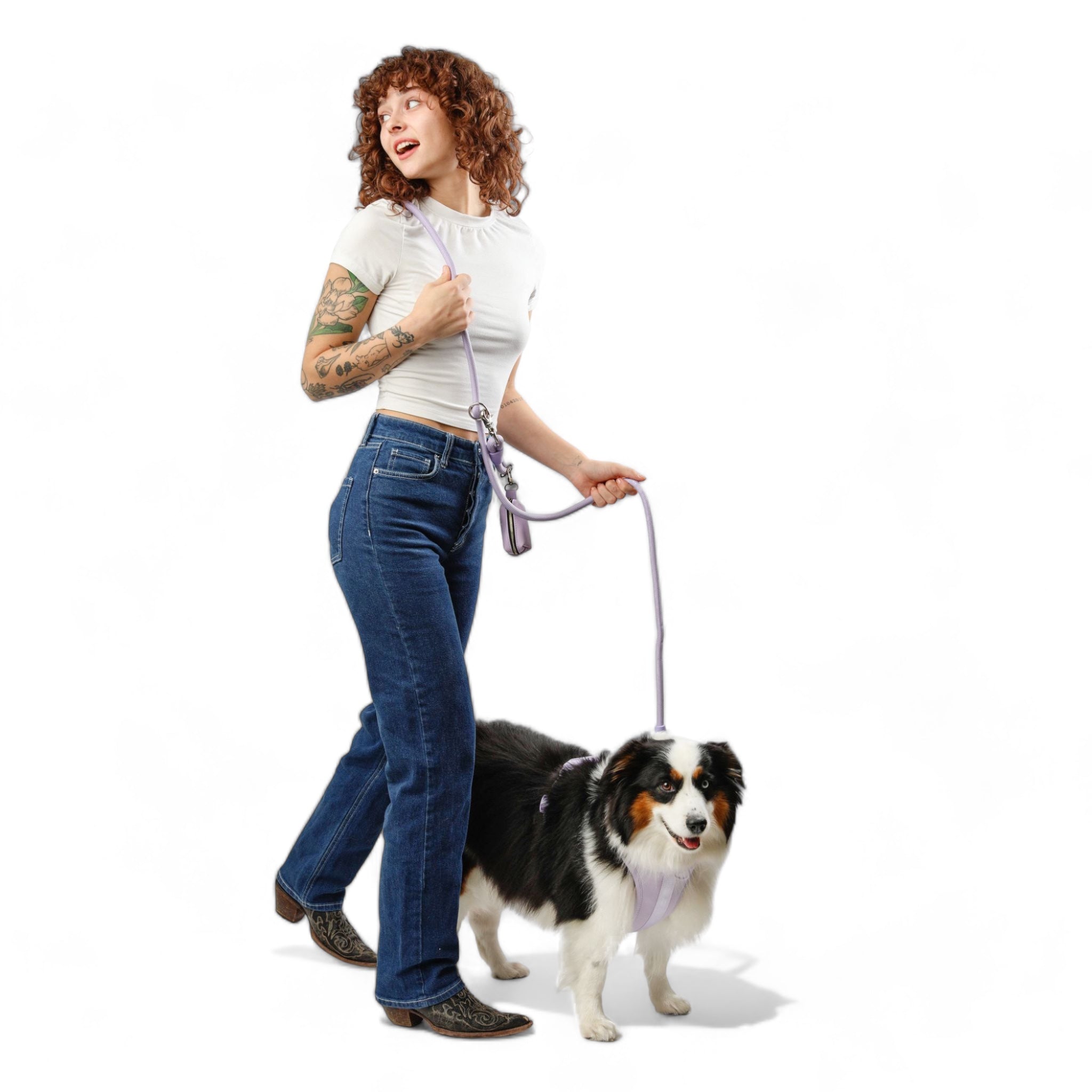Dog owner with beautiful adjustable dog leash on the shoulder purple color