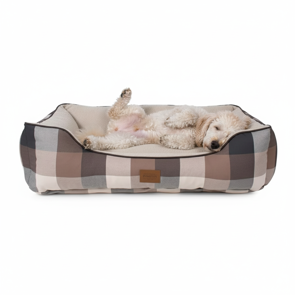 Poodle dog lying on a checkered Pendleton dog bed with bolsters.