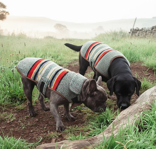 Two dogs wearing Pendleton vintage coats with velcro in a grassy field.
