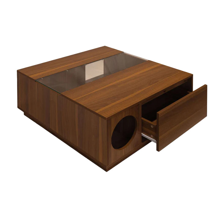 Walnut color coffee table with cat hideaway