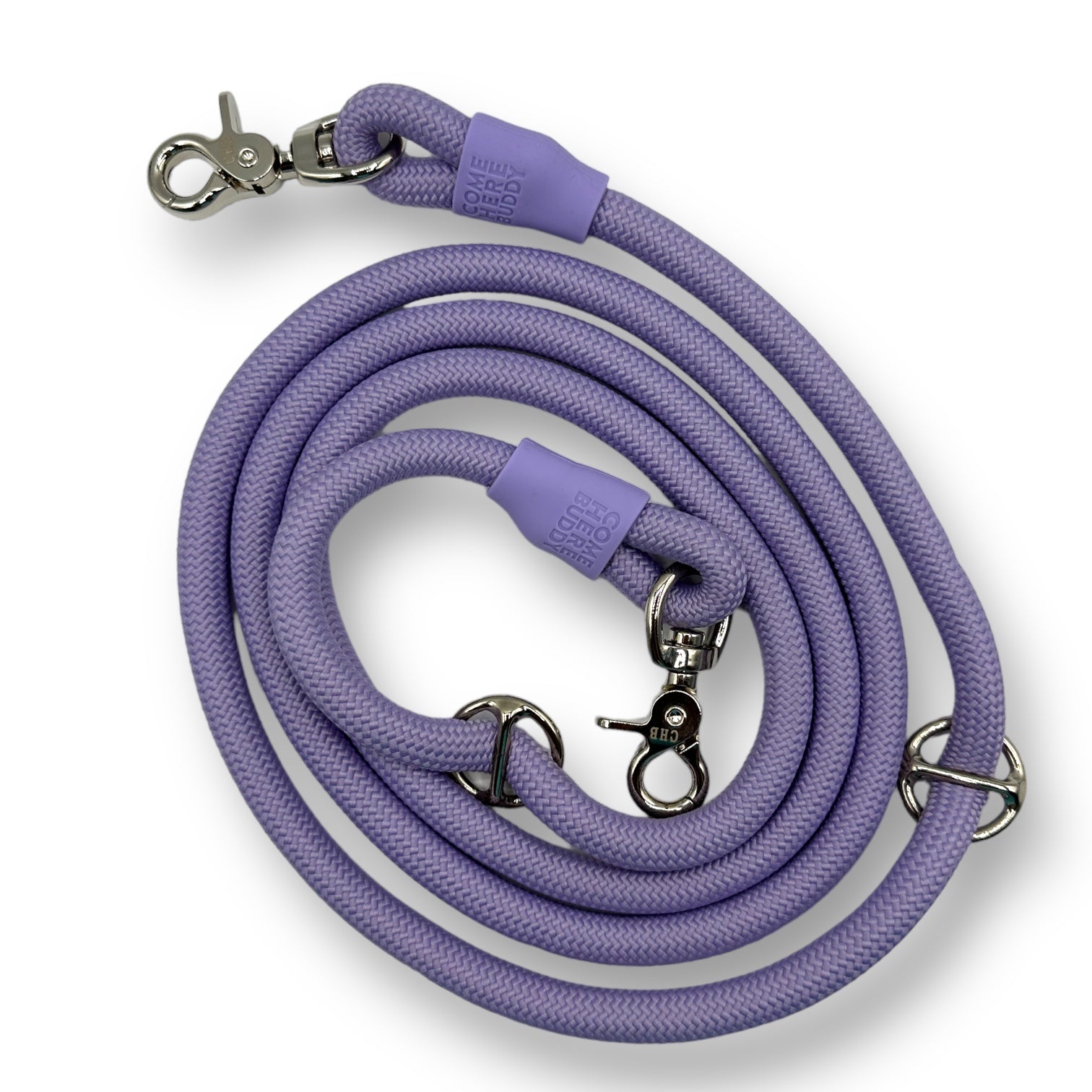 Purple dog leash with metal clips on a white background