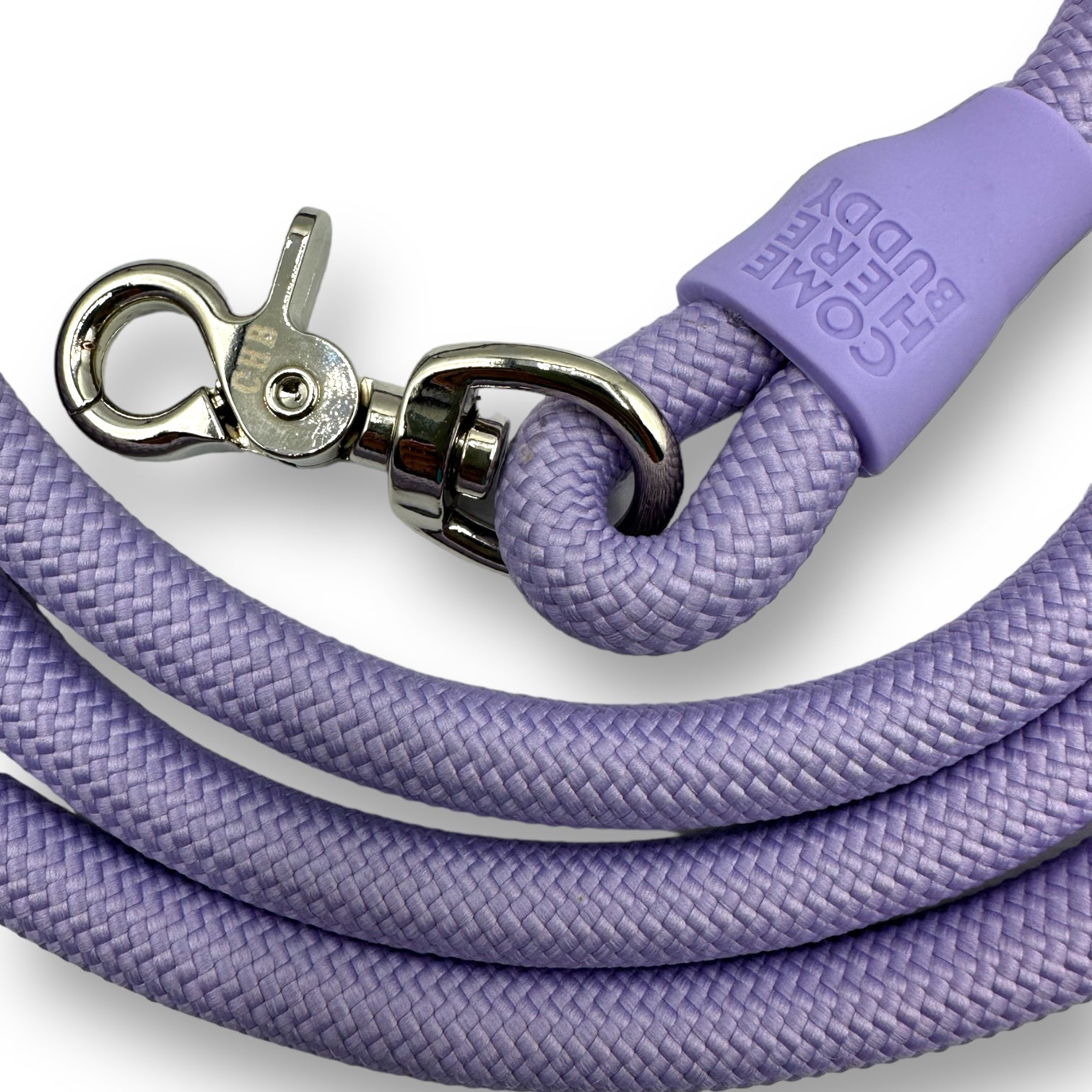 Close-up of a purple dog leash with a silver clasp on a white background