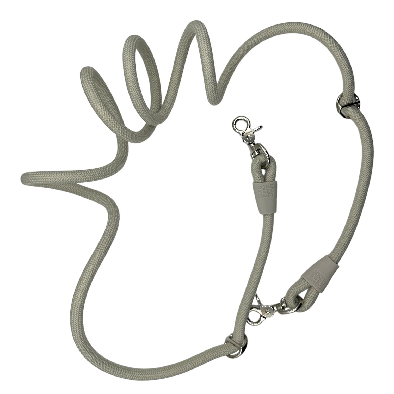 Gray dog leash with a clip on a white background