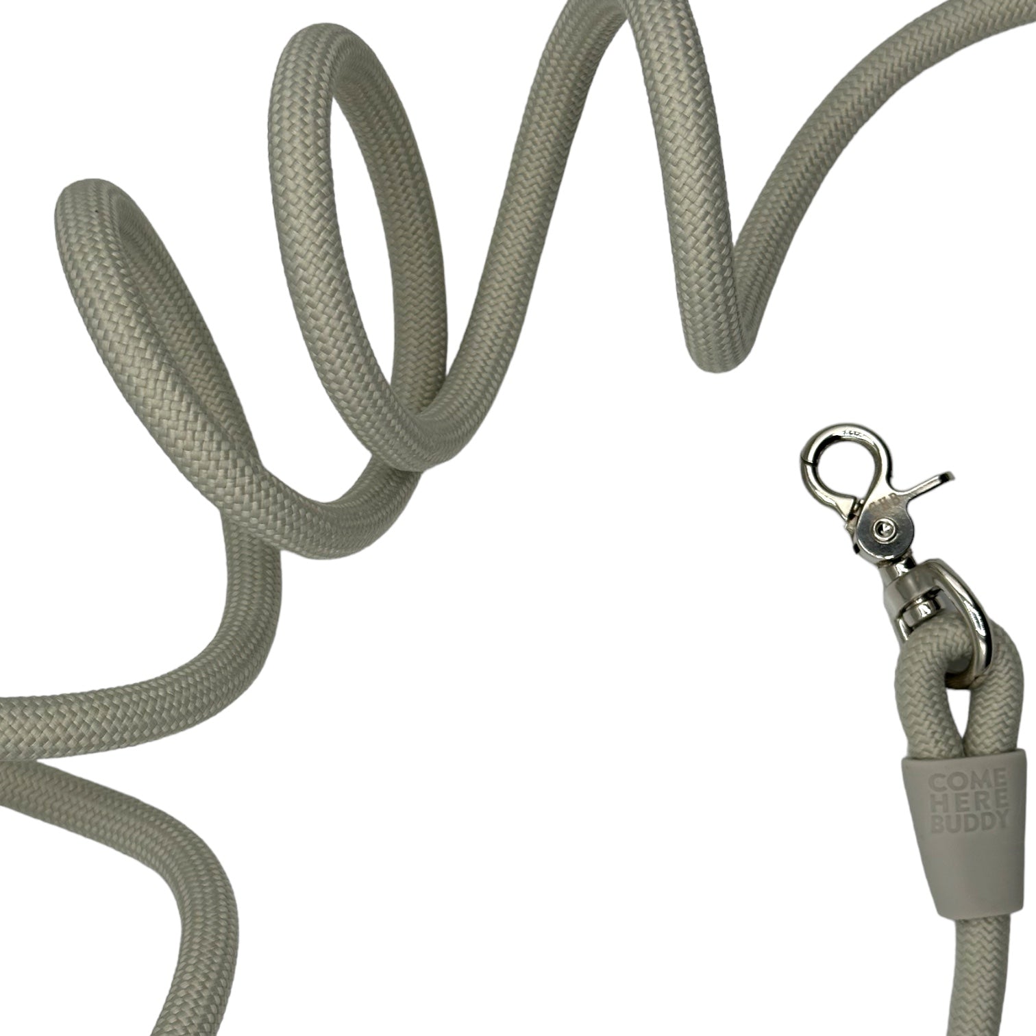 Coiled gray rope dog leash with a metal clip on a white background