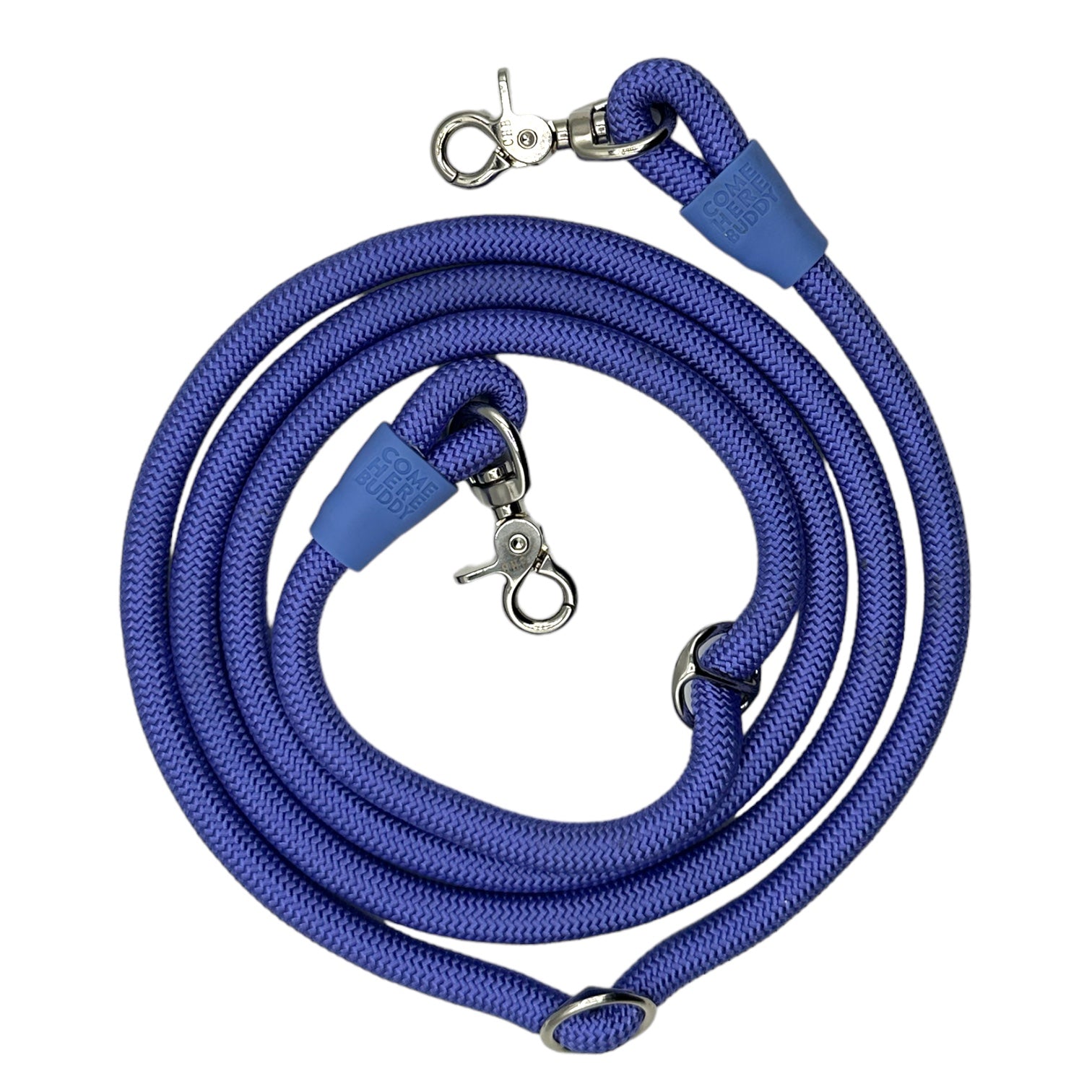 Blue rope dog leash with metal clips on a white background