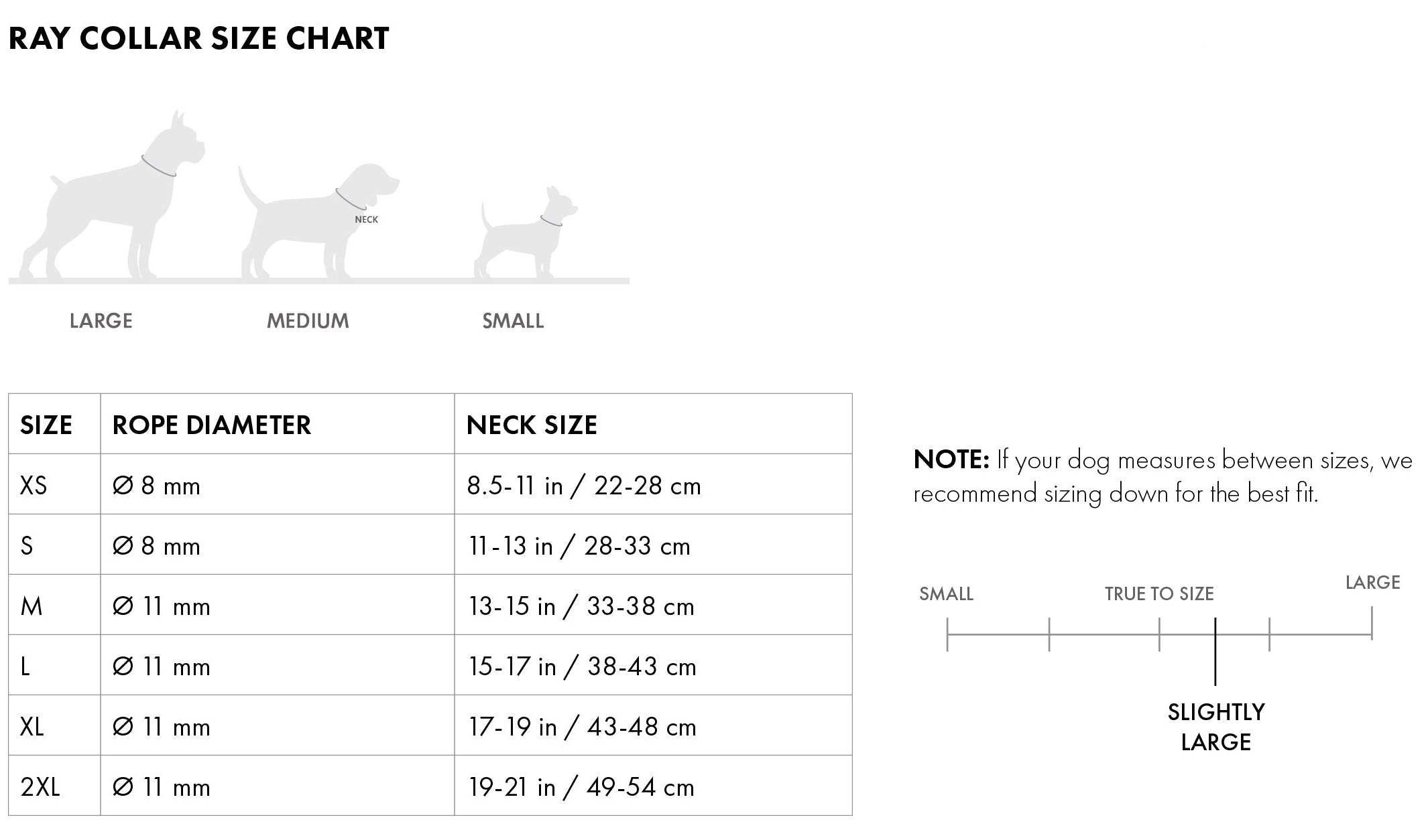 Ray Collar size chart with dog illustrations and booh branding