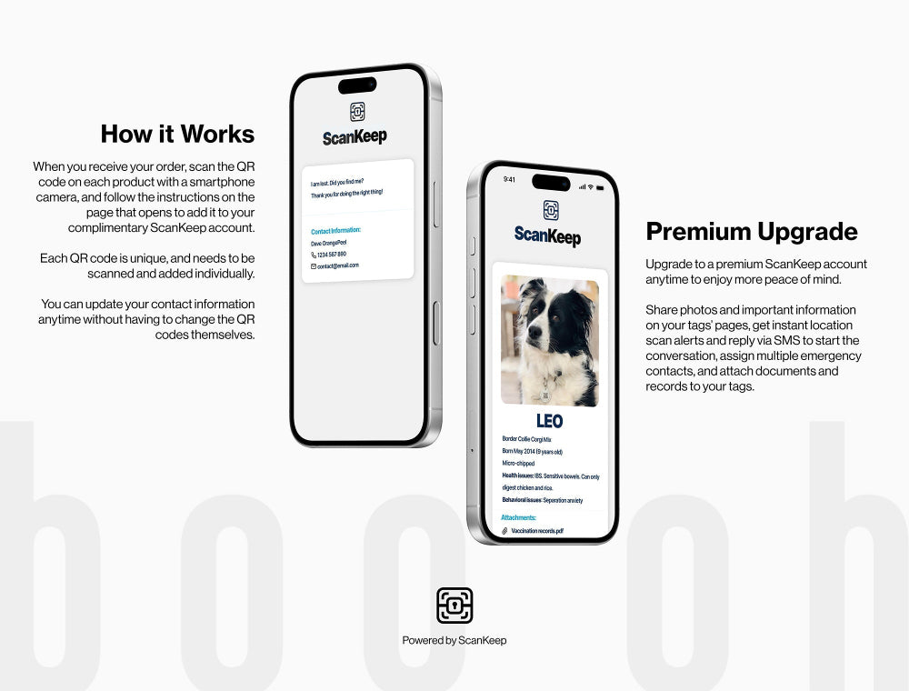 Two smartphones displaying the ScanKeep app with text explaining its features on a white background.