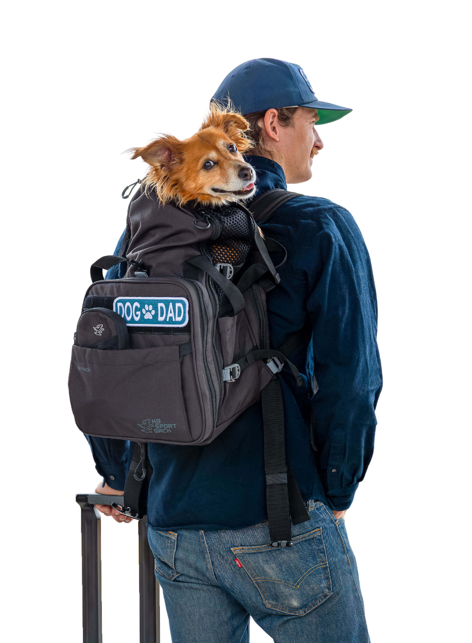 Dog owner wearing a black TSA approved airline dog backpack with a dog peeking out, holding a suitcase.