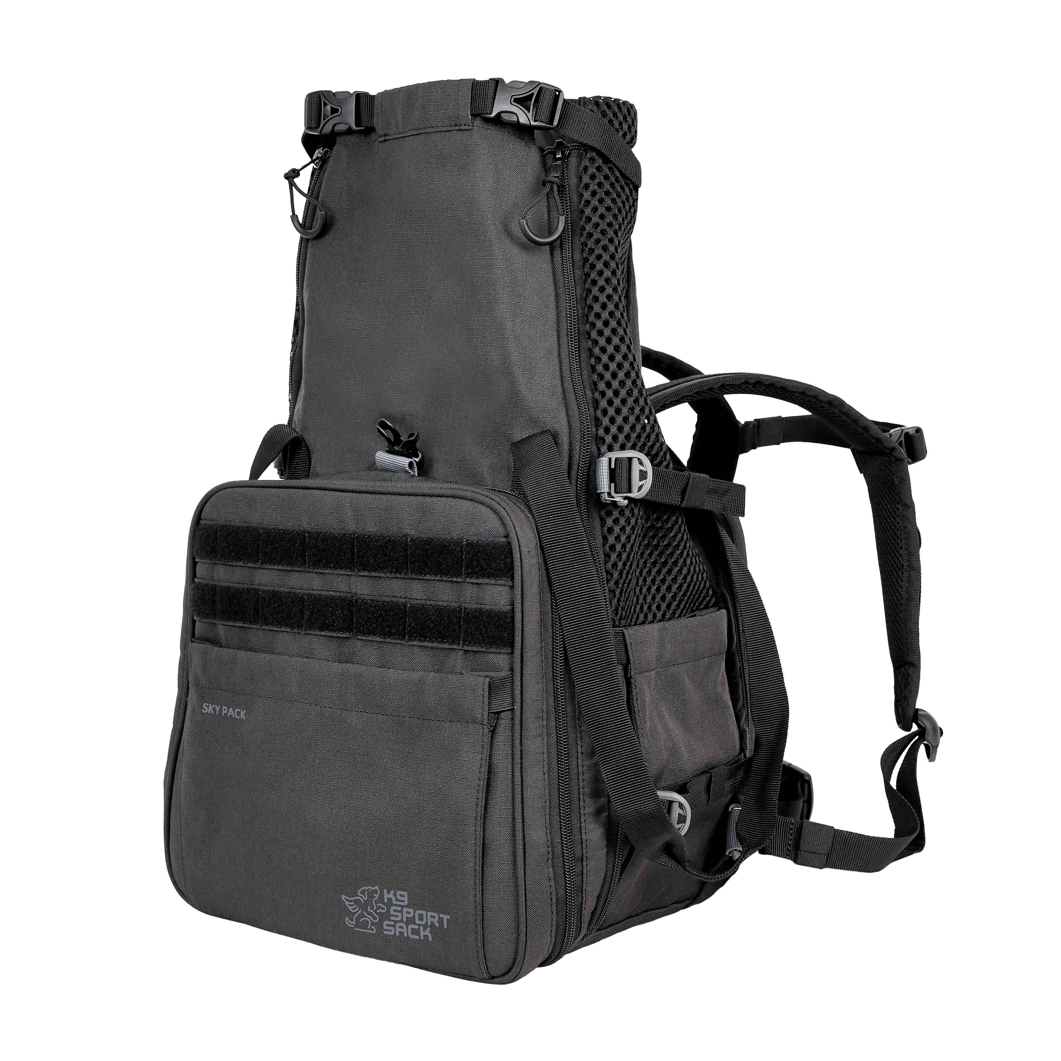 Black airline approved dog carrier backpack on a white background