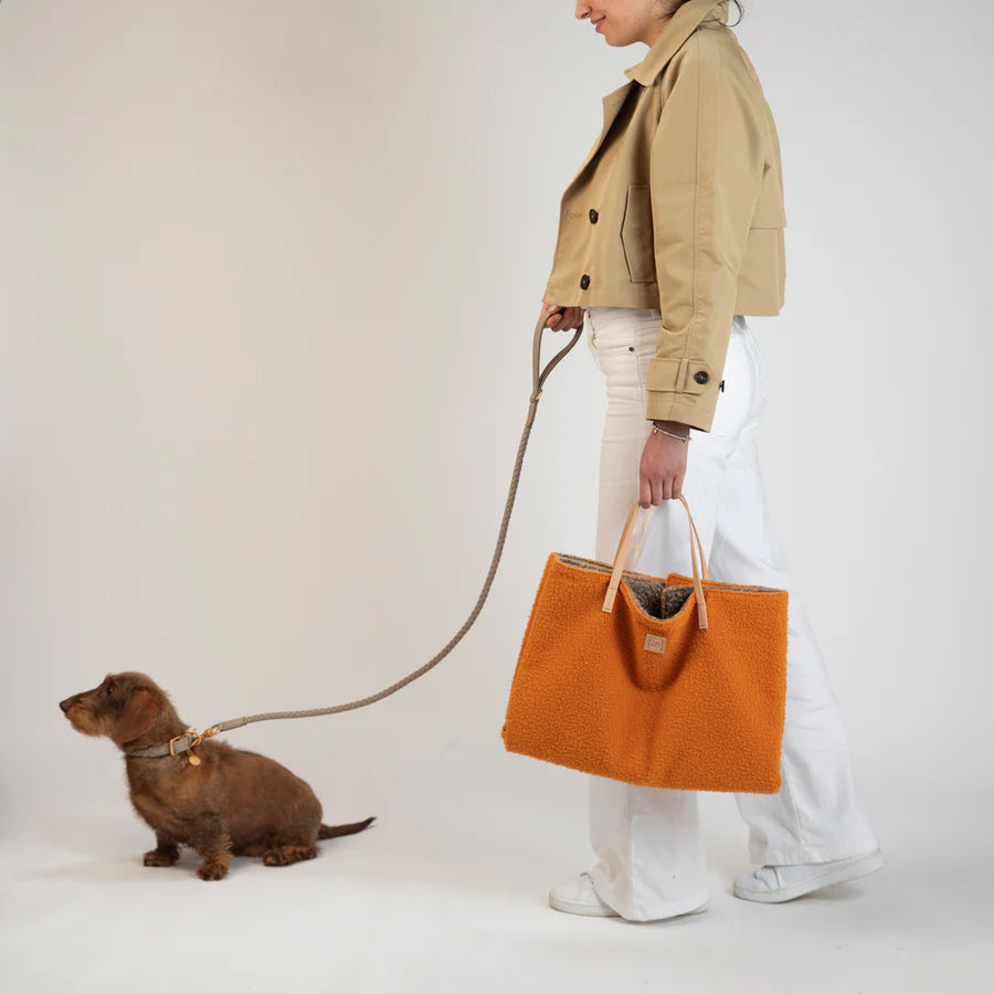 Dachshund and owner with Steve dog travel mat in stylish orange casentino wool