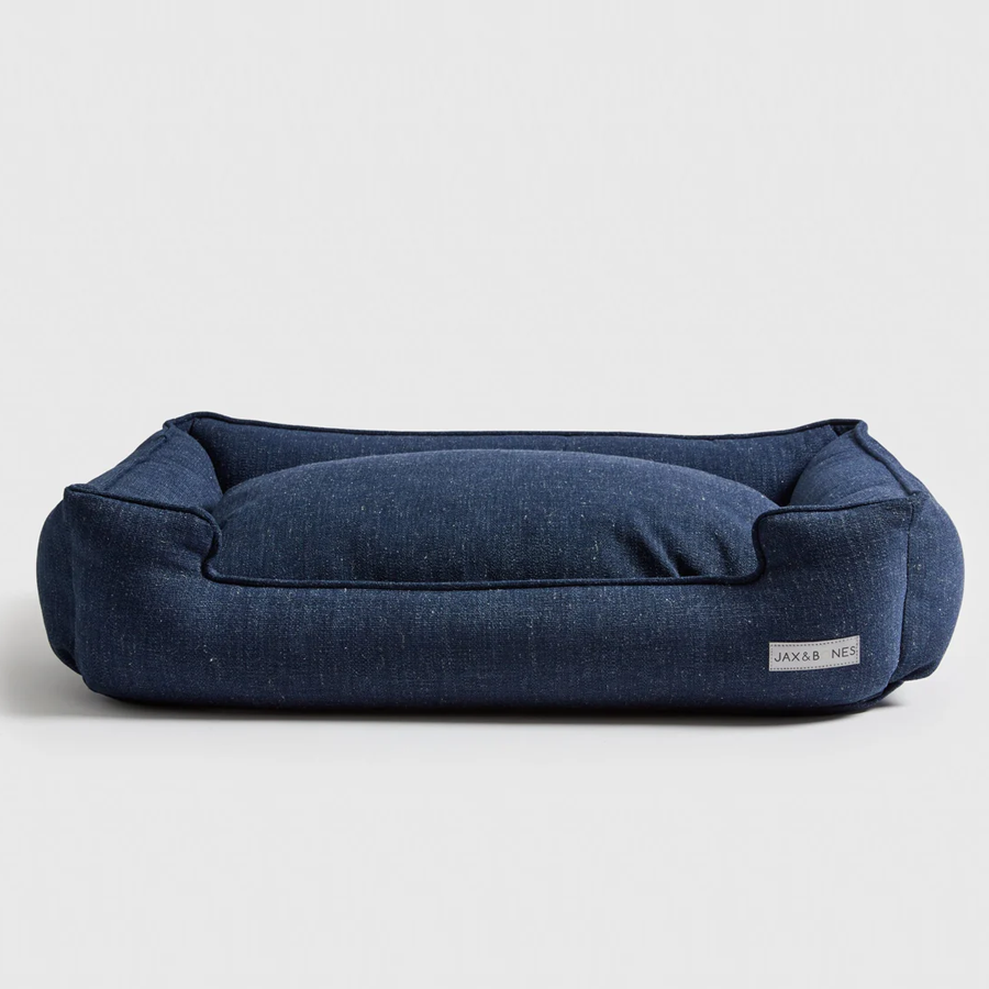 Navy dog bed with hypoallergenic fill