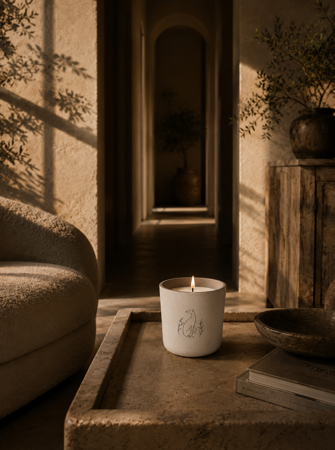 Unconditional Love pet-friendly candle on a stone coffee table in a warm, sunlit living room
